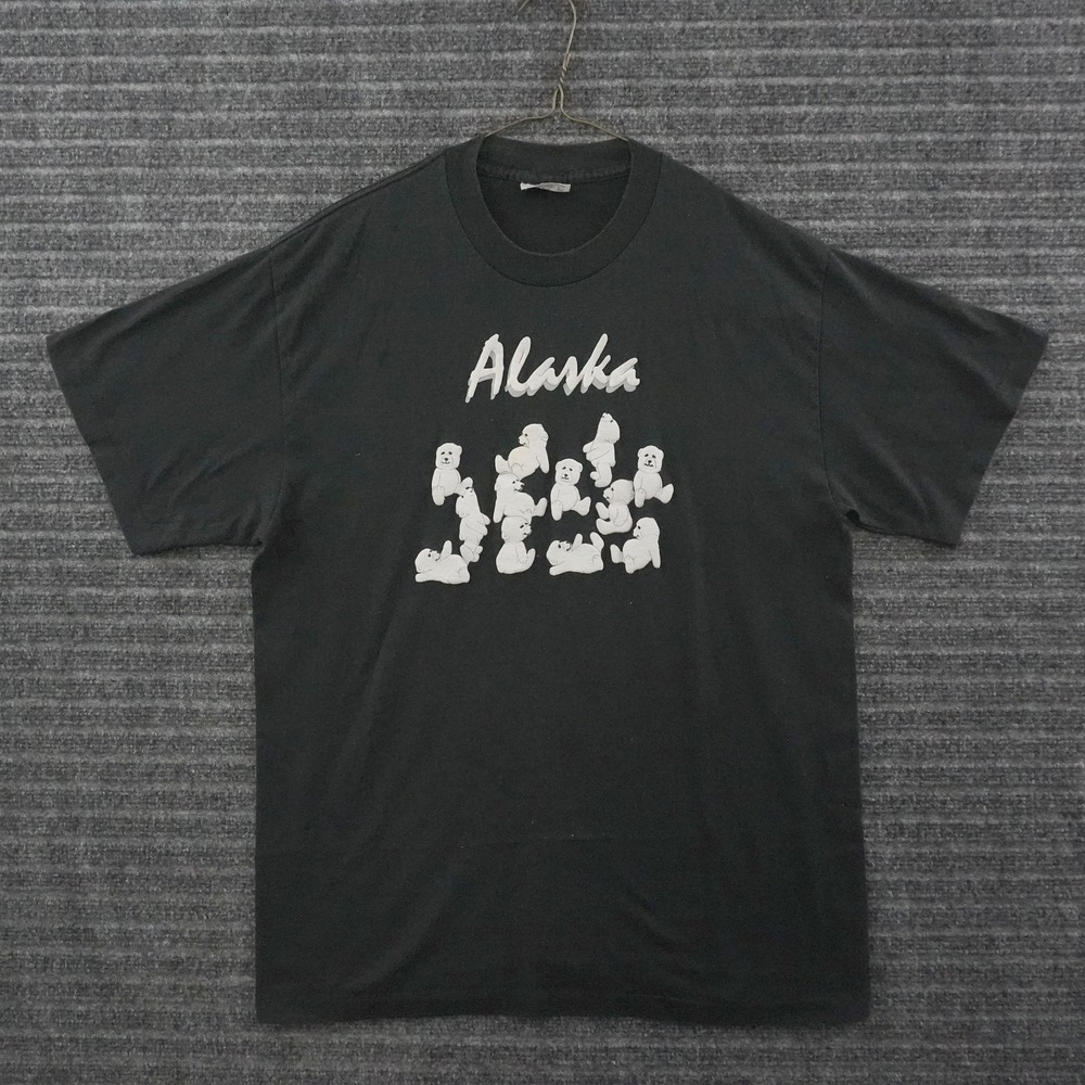 Vintage 80s Tee Jays Alaska T Shirt Mens XL Black Puff Print Polar Bears